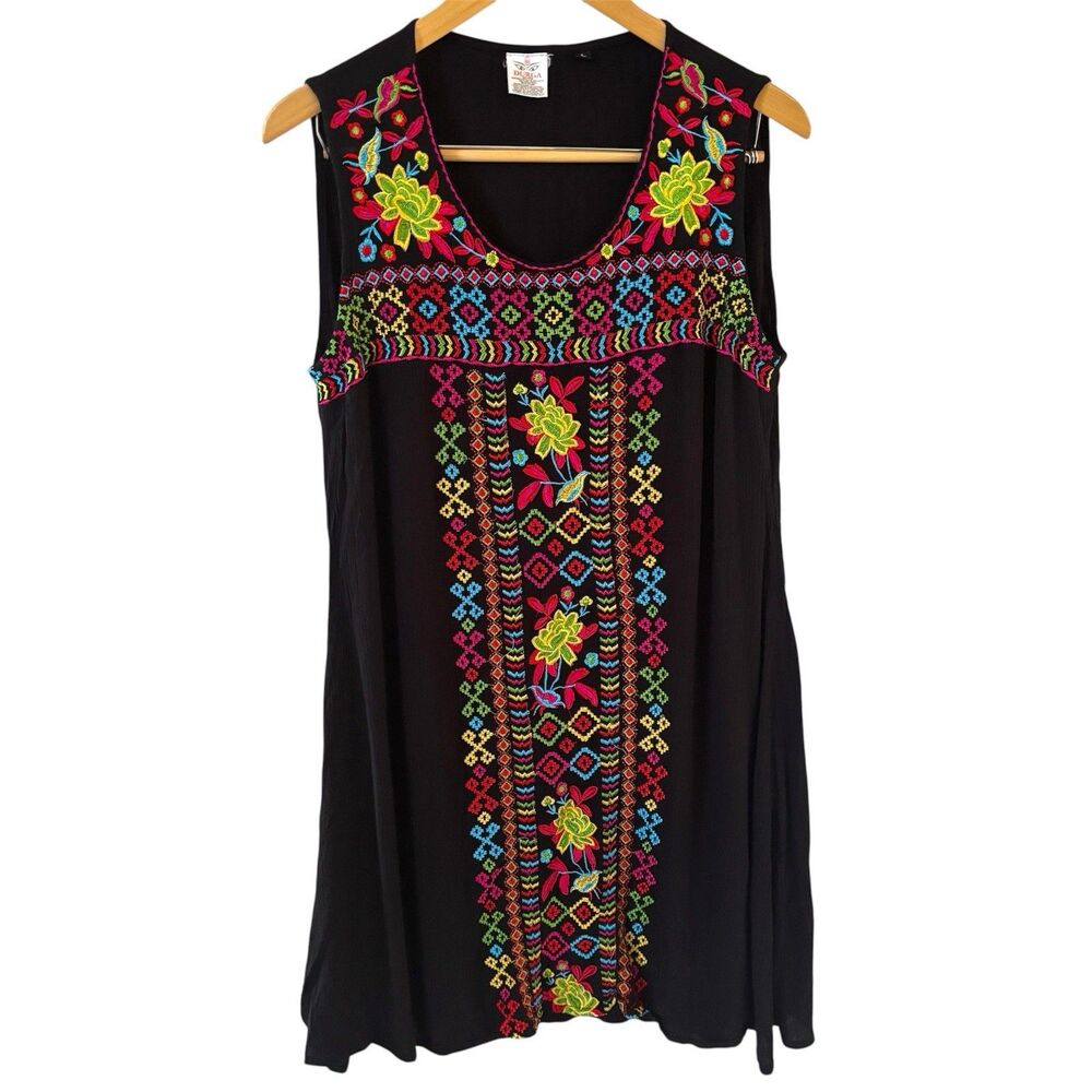 Embroidered Mexican Women Midi Dress Colorful Sleeveless Black L Bohemian Floral